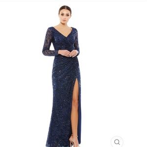 MAC DUGGAL 12412 Navy Blue Long Sleeve Ruched Sequined V-Neck Sz 10 NWT $698